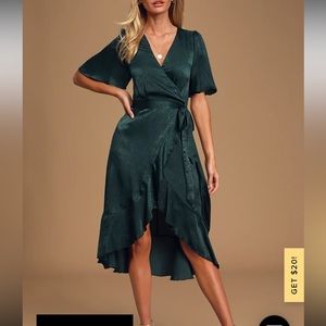 Lulus Wrapped in love dark green satin faux wrap silk midi dress medium